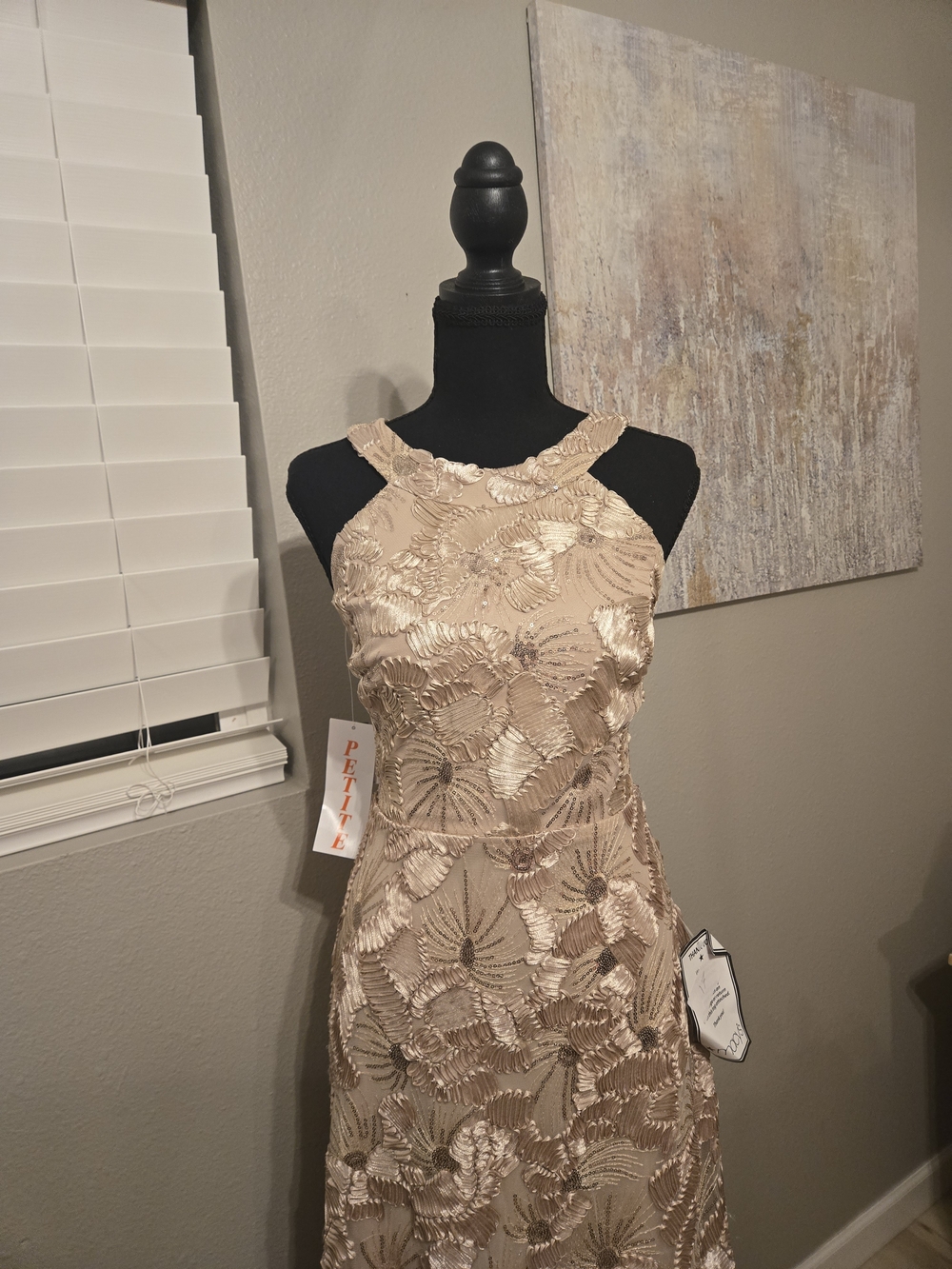 Betsy & Adam Gold Floral Lace Prom Dress - Picture 2 of 7